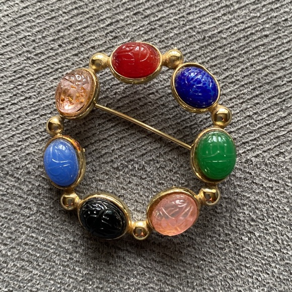 Scarab Brooch Pin Multicolor Gold Tone - Picture 2 of 15